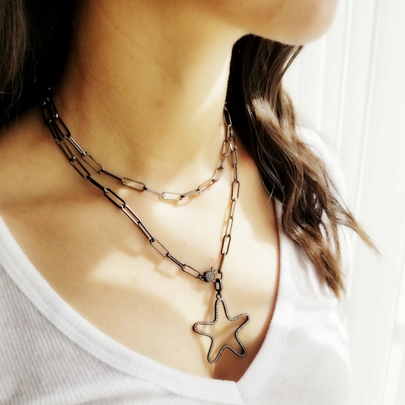 Pave CZ Starfish Paperclip Necklace Chain NEW - Picture 2 of 8